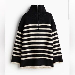 H&M WOMENS RIB KNIT HALF ZIP BLACK WHITE STRIPE SWEATER XS
